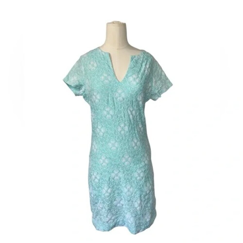 Vineyard Vines Womens Al Fresco Dress Size 4 Aqua 100% Linen Embroidered - Picture 5 of 7